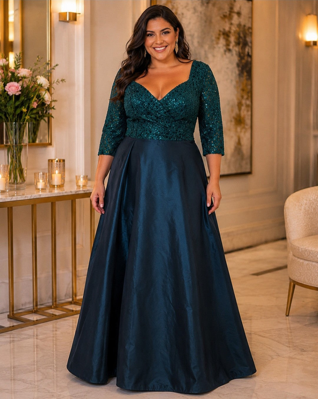 S0080 VESTIDO VERDE ESMERALDA LARGO CON MANGA TRES CUARTOS