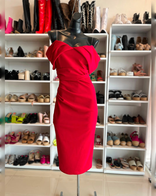 VESTIDO ROJO, MIDI, MANGA CAÍDA