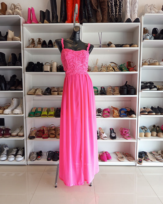 D11922 VESTIDO ROSA LARGO, CON PETO DE ENCAJE Y FALDA DE CHIFÓN