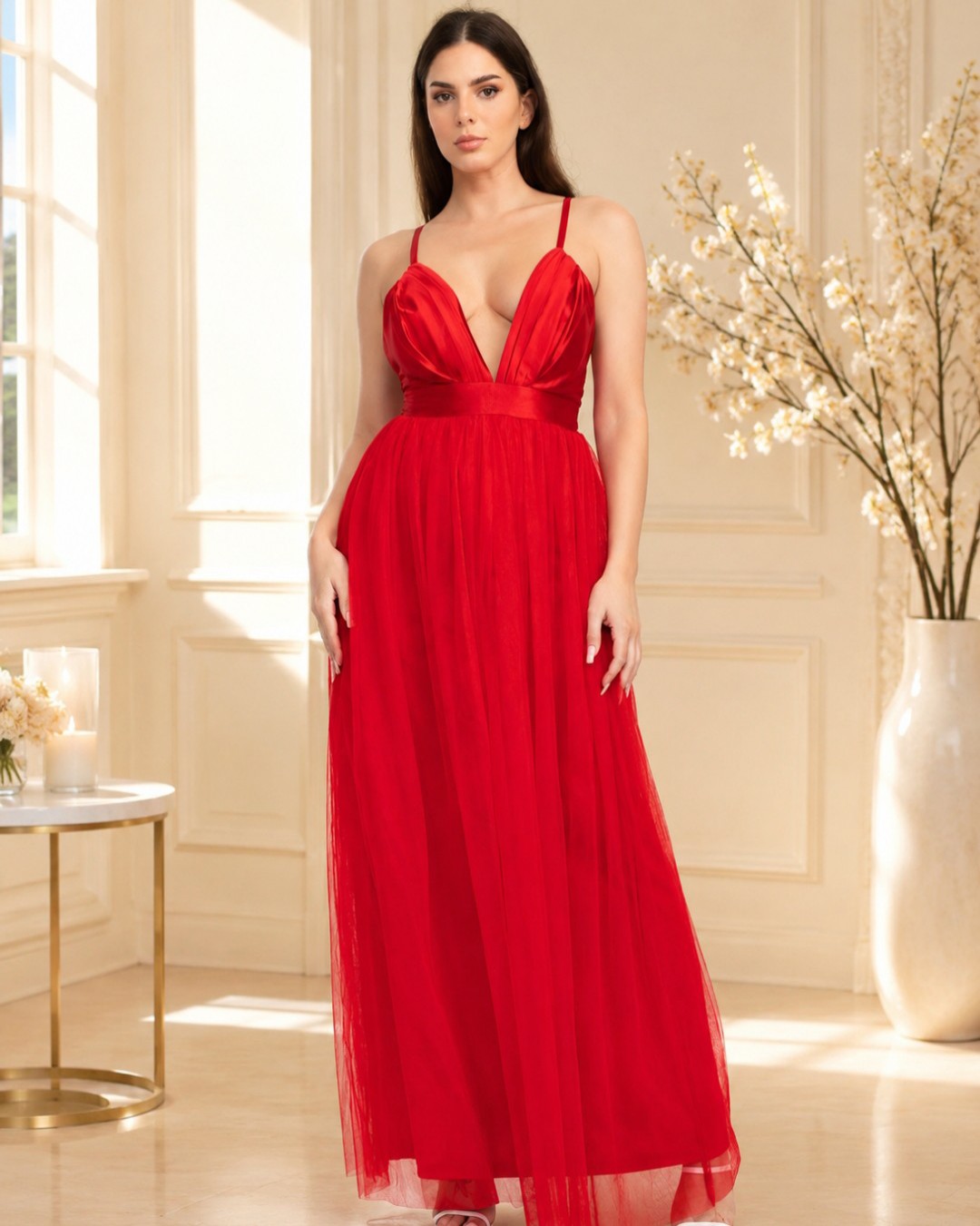 HMD13545A VESTIDO LARGO ROJO CON FALDA DE TULL Y COPAS DE SATIN, TIRANTE CRUZADO AJUSTABLE