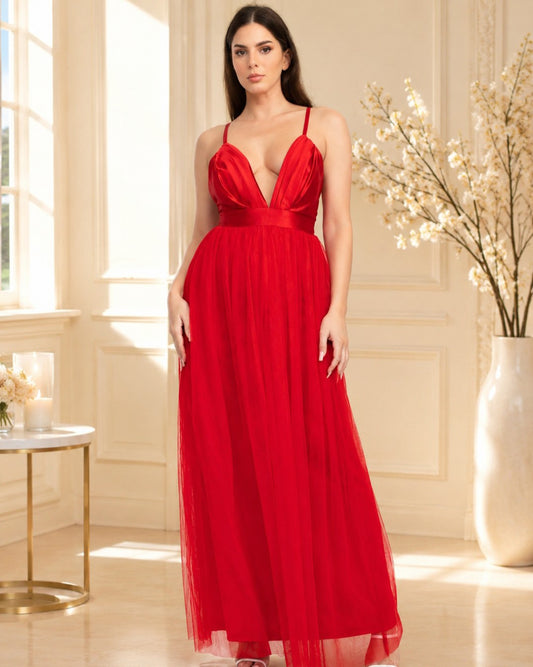 HMD13545A VESTIDO LARGO ROJO CON FALDA DE TULL Y COPAS DE SATIN, TIRANTE CRUZADO AJUSTABLE