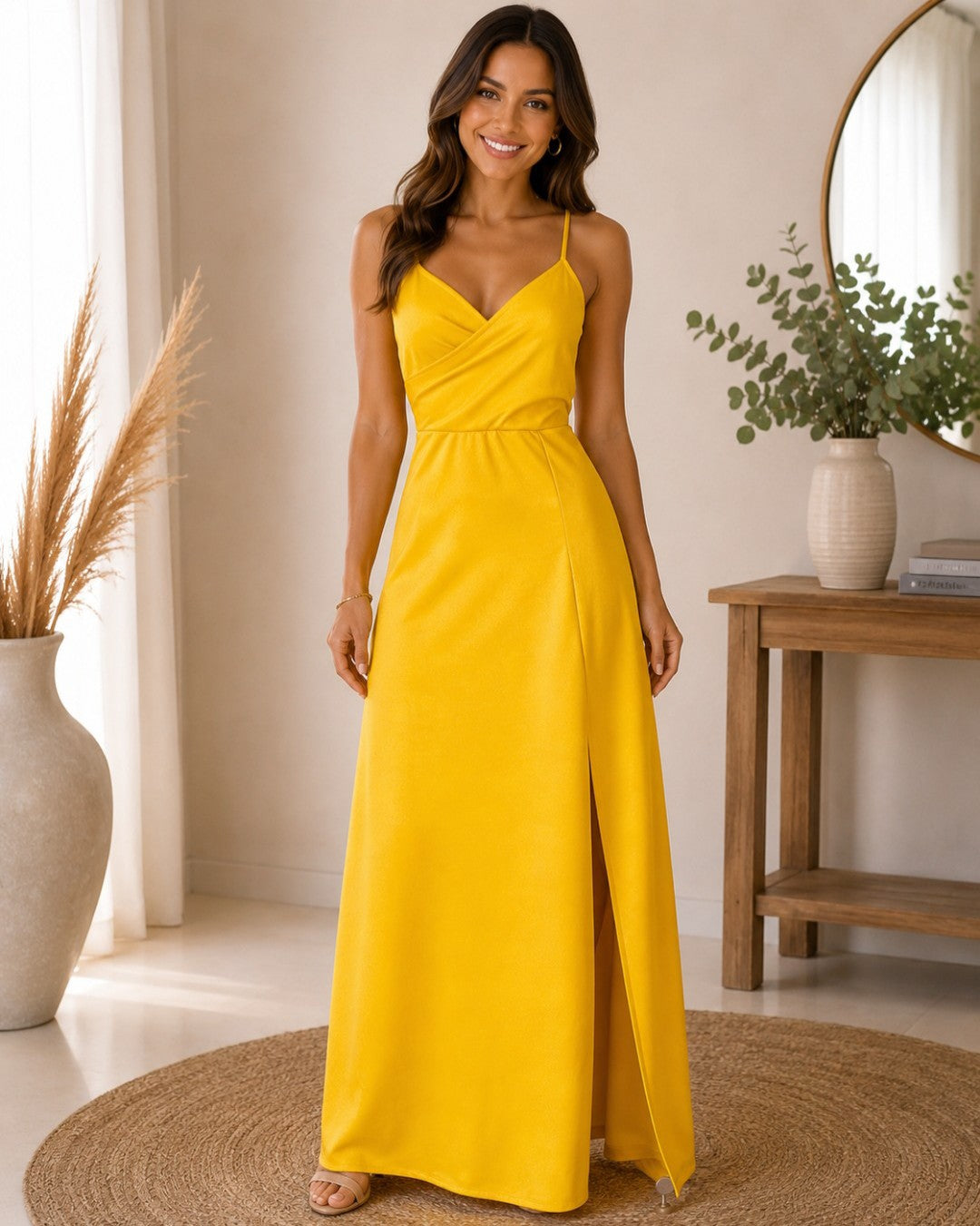 S0102 VESTIDO AMARILLO LARGO, DE TIRANTES CON ESCOTE CRUZADO Y FALDILLA LÍNEA A