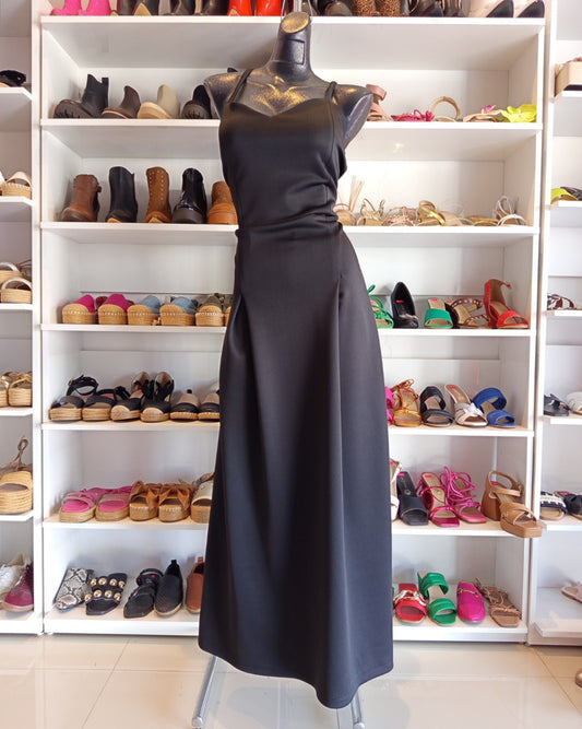 S0143 VESTIDO NEGRO LARGO, CON TIRAS CRUZADAS TIPO CORSET