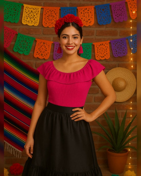 S0152 BLUSA CAMPESINA ROSA MEXICANO IDEAL PARA LA NOCHE MEXICANA