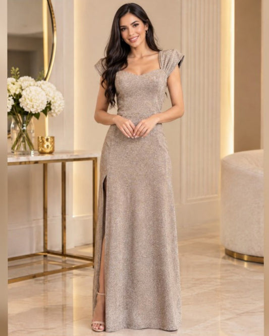 S0261 VESTIDO LARGO DE GLITTER, CON FALDA LÍNEA A CON ABIERTA EN LA PIERNA