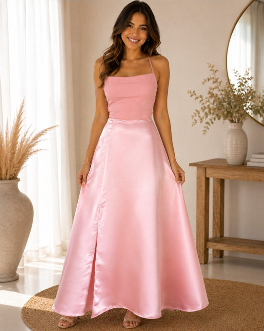 S0141 VESTIDO LARGO, COLOR ROSA PALO, CON TIRAS CRUZADAS EN LA ESPALDA DESCUBIERTA