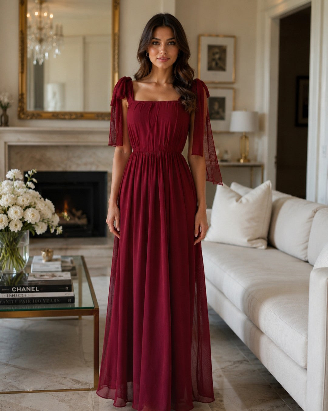 S0204 VESTIDO TINTO LARGO, DE TULL CON TIRANTES DE MOÑO