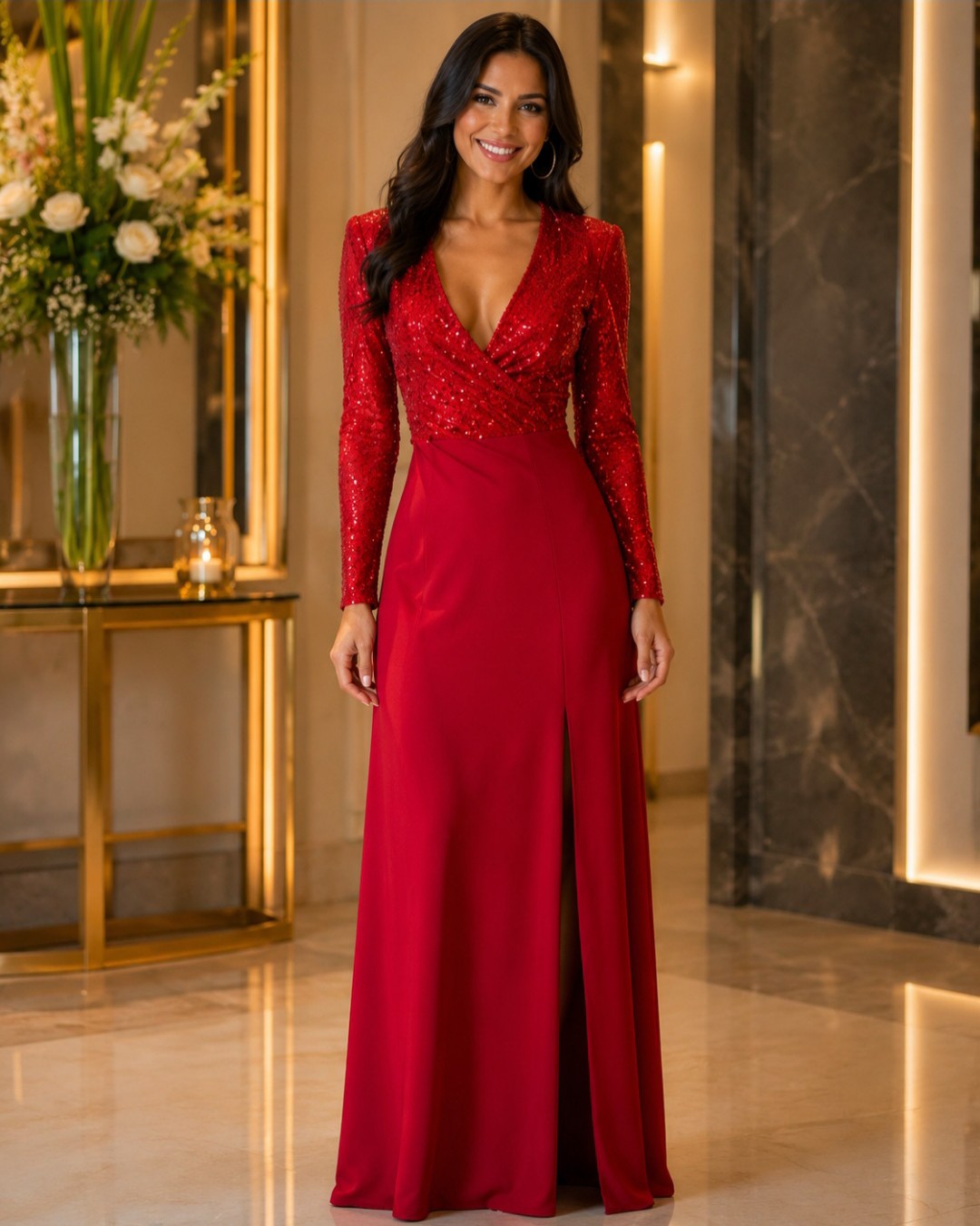 S0017 VESTIDO ROJO LARGO CON LENTEJUELAS