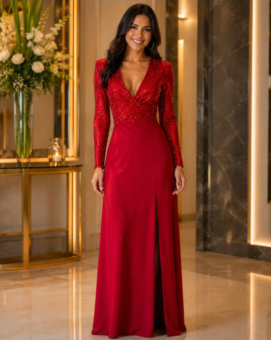 S0017 VESTIDO ROJO LARGO CON LENTEJUELAS