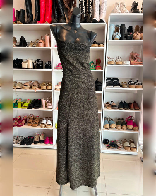 VESTIDO LARGO NEGRO CON GLITTER DORADO
