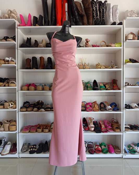S0201 VESTIDO LARGO ROSA PALO, FALDA CORTE SIRENA