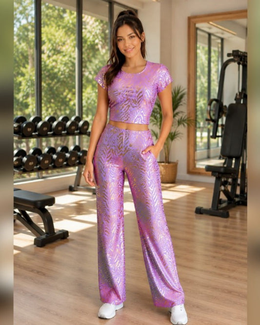 S0139 CONJUNTO DEPORTIVO MUJER, LILA CON ANIMAL PRINT DORADO