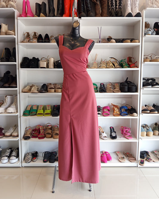S0038 VESTIDO ROSA, LARGO, CON TIRANTES GRUESOS, FALDA LÍNEA A CON ABIERTA