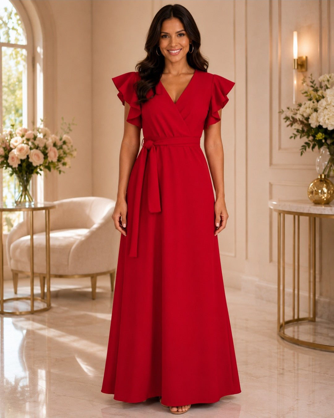 S0097 VESTIDO ROJO LARGO CON ESCOTE CRUZADO Y MANGA DE CORTE MARIPOSA
