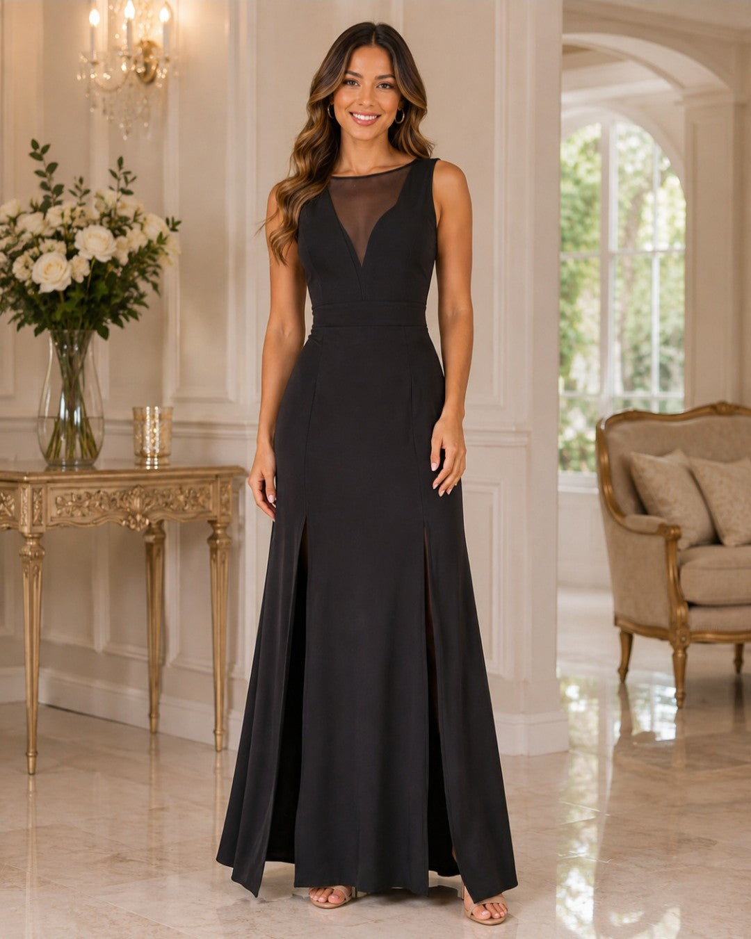 S0144 VESTIDO NEGRO LARGO, CON DOS ABIERTAS EN LA FALDA, FALDA LÍNEA A, CON TRANSPARENCIAS NEGRAS EN ESCOTE Y ESPALDA