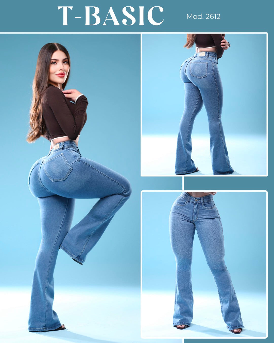 2612 T-BASIC PANTALÓN DE MEZCLILLA CORTE FLARE CON BOLSAS DE UN SOLO BOTÓN, LEVANTA POMPIS