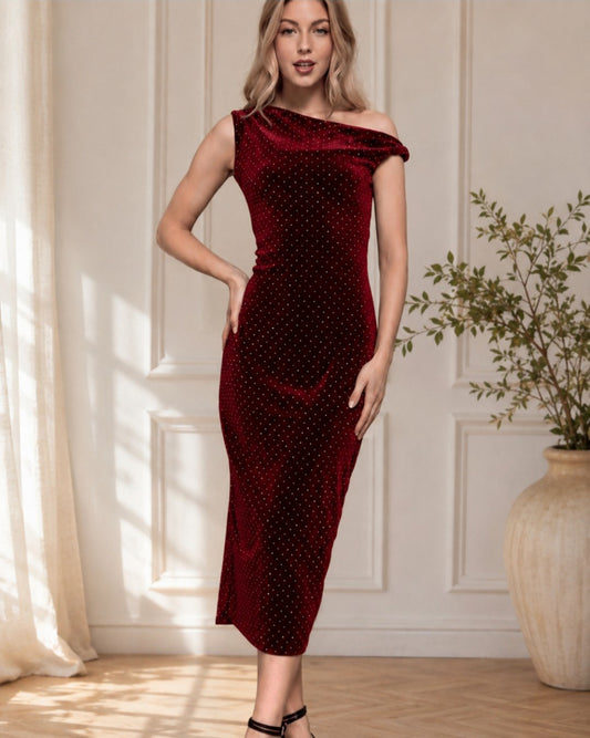 D14814 VESTIDO TINTO MIDI, DE TERCIOPELO CON GLITTER PLATEADO, DETALLE EN HOMBRO TORCIDO.
