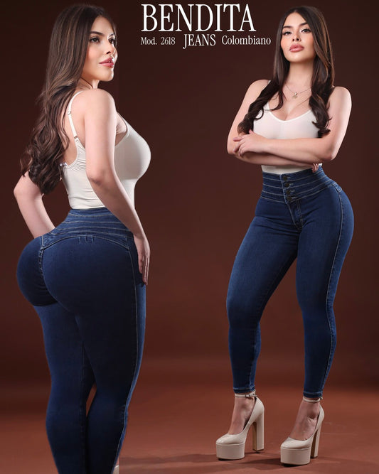 B2618 BENDITA PANTALÓN DE MEZCLILLA CORTE COLOMBIANO CON PRETINA ANCHA, CONTROL DE ABDOMEN Y LEVANTA POMPIS