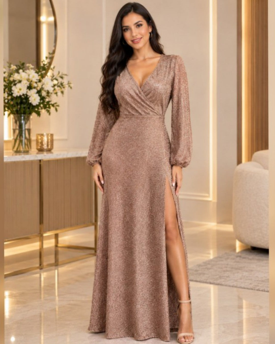 S0265 VESTIDO LARGO DE GLITTER, CON MANGA LARGA Y FALDA LÍNEA A