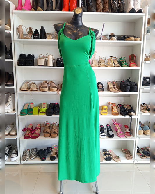 VESTIDO LARGO COLOR VERDE LIMÓN, CON CINTILLAS AJUSTABLES TIPO CORSET