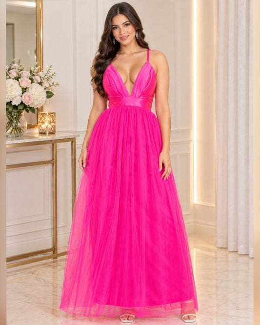 HMD13545A VESTIDO LARGO ROSA CON FALDA DE TULL Y COPAS DE SATIN, TIRANTE CRUZADO AJUSTABLE