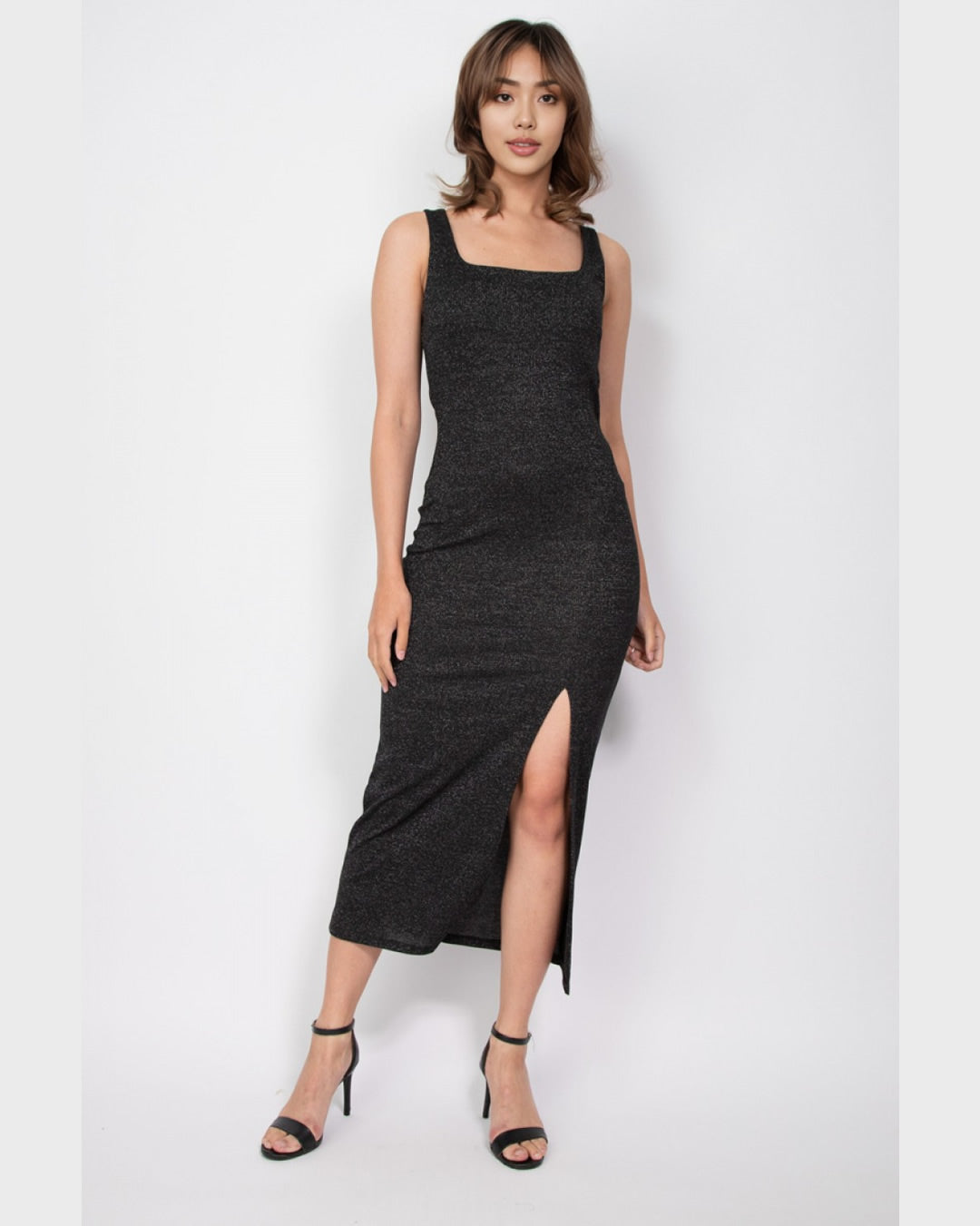 VESTIDO NEGRO MIDI CON ABIERTA CON GLITTER ID5667