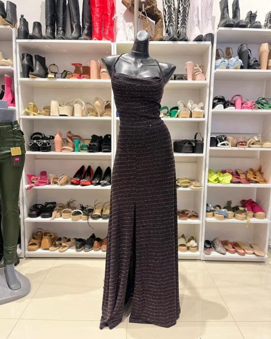 VESTIDO LARGO NEGRO CON GLITTER DE COLORES, FALDILLA LÍNEA A CON ABERTURA