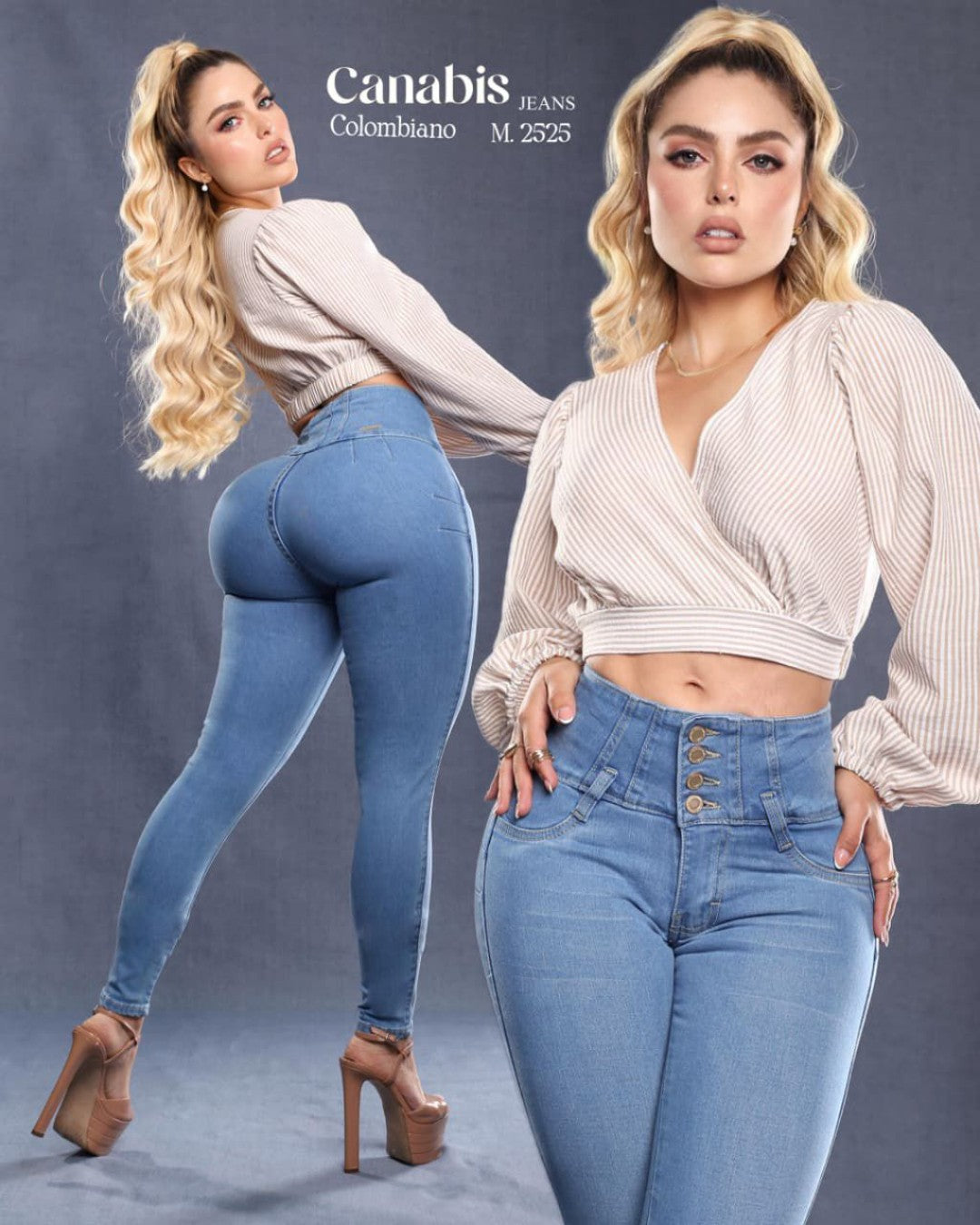 2525 CANABIS PANTALÓN DE MEZCLILLA CLARITA, CORTE COLOMBIANO, CUATRO BOTONES, SIN BOLSAS