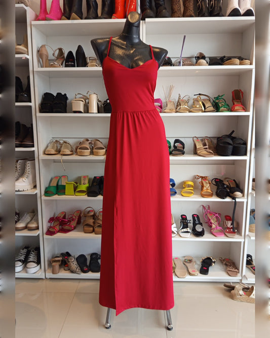 VESTIDO ROJO, LARGO CON CINTILLAS AJUSTABLES TIPO CORSET