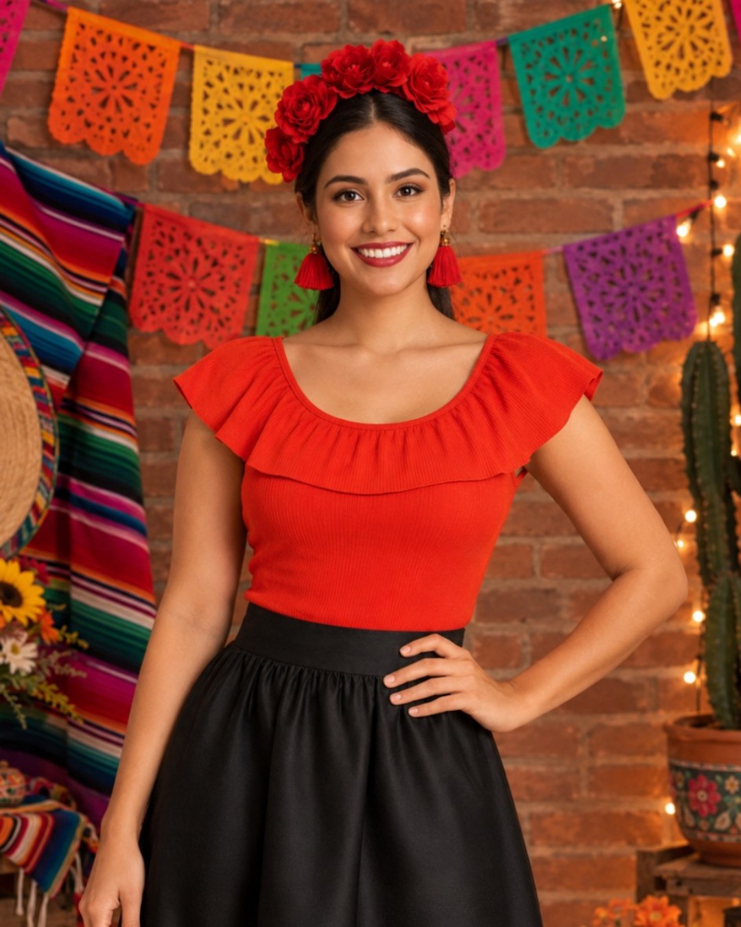 S0154 BLUSA CAMPESINA, COLOR ROJO NARANJOSO, IDEALE PARA LA NOCHE MEXICANA