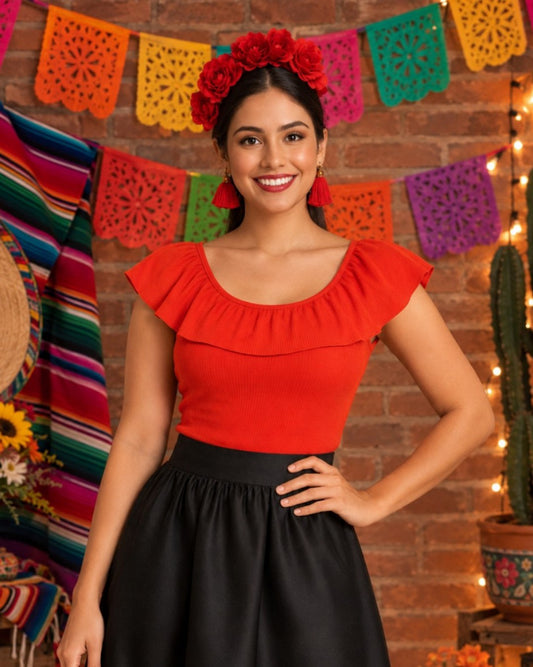 S0154 BLUSA CAMPESINA, COLOR ROJO NARANJOSO, IDEALE PARA LA NOCHE MEXICANA